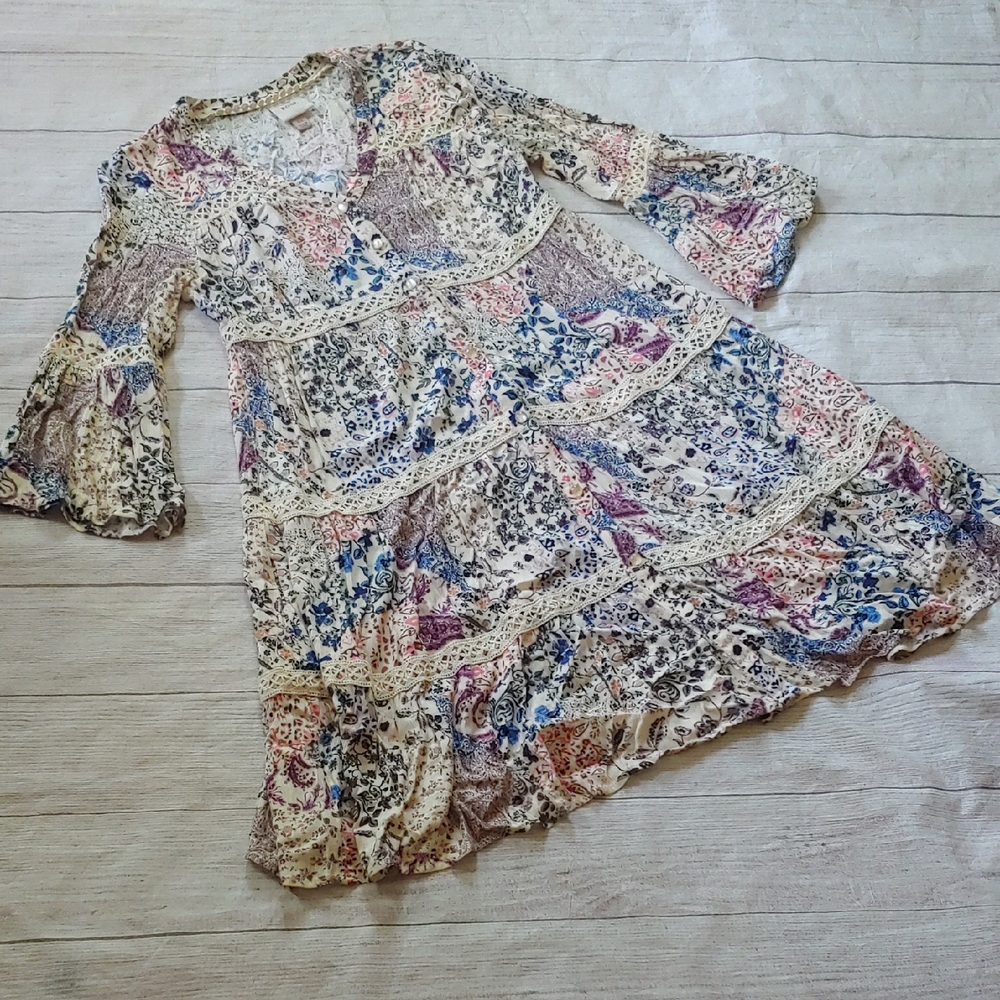 Knox Rose Floral Tiered Dress Bell Sleeve Cottagecore Boho - Picture 3 of 10